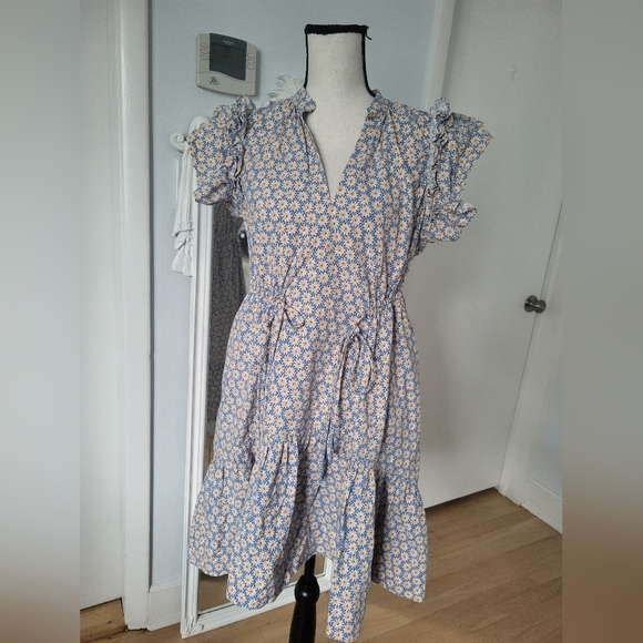 Anthropologie Floral Ruffle Sleeve Dress - Blue and White - Picture 8 of 9